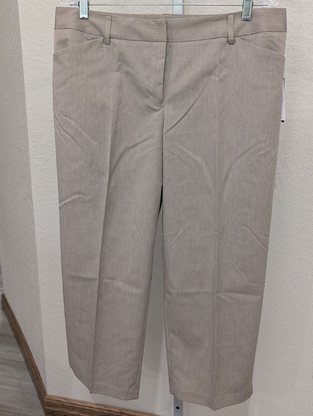NWT AB Studio Capri Dress Career Pants Cropped Tan Khaki White Pin Stripe Sz 12